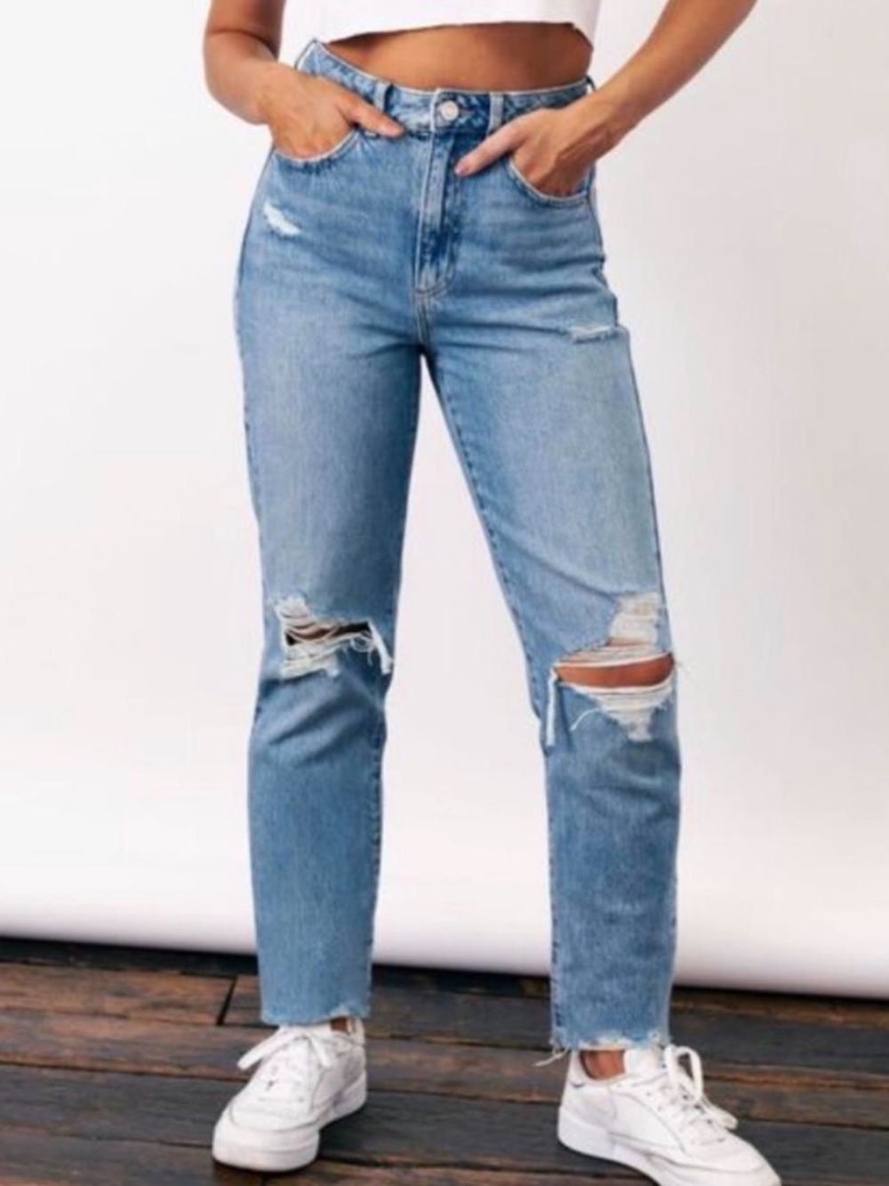 Garage Light Blue Distressed Mom Jeans